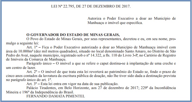 Aprovada lei de autoria do deputado Braulio Braz que doa &agrave; Manhua&ccedil;u &aacute;rea para constru&ccedil;&atilde;o de creche e espa&ccedil;o de lazer